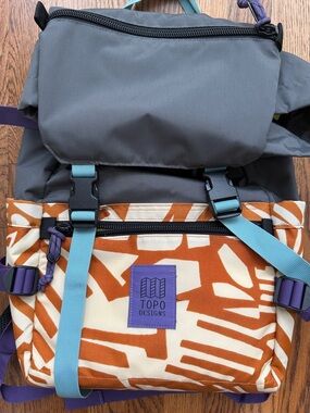 Topo Designs Gray & Rust Patterned Canvas Backpack with Purple Logo